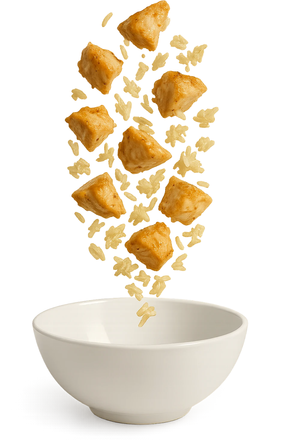 bowl bianca con pollo e riso che ci cadono dentro emoji