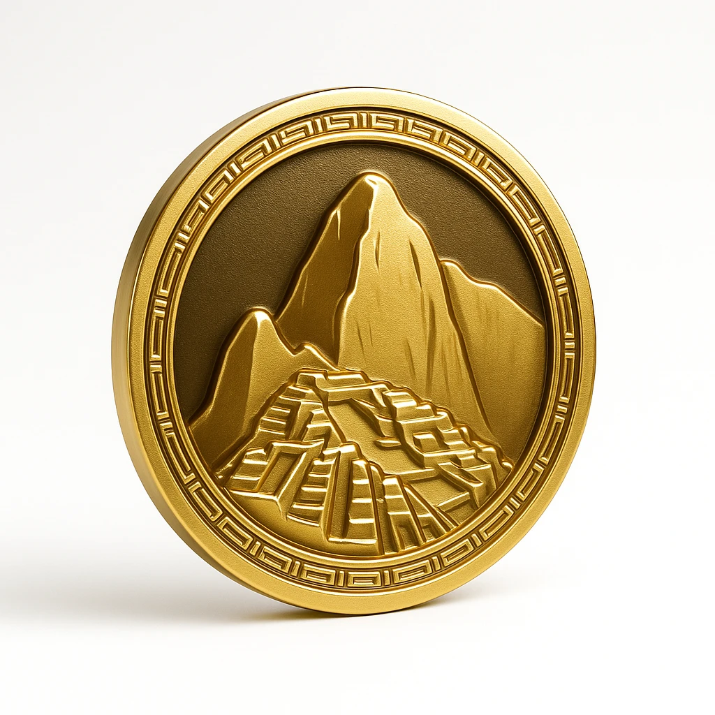 minimalist circular Machu Picchu logo, simple mountain outline, gold and black, clean lines, modern branding feel emoji