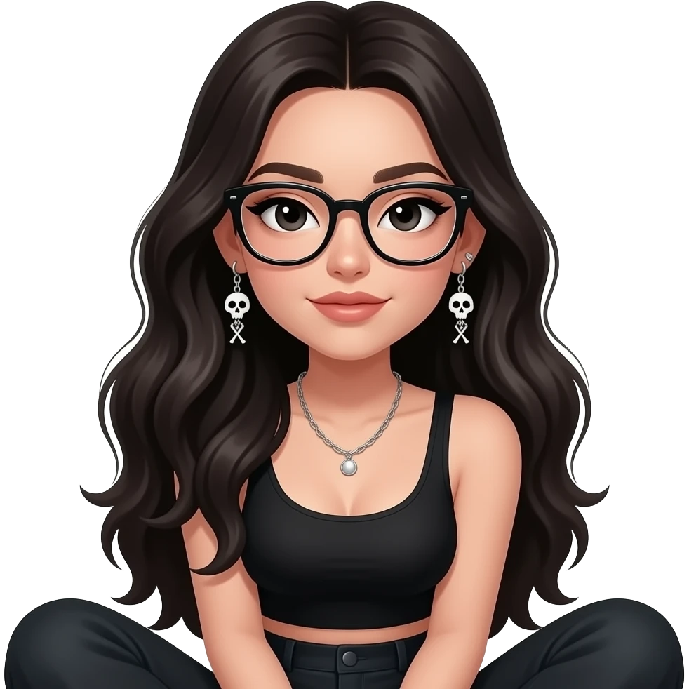 Cool girl in black, whole upper body in sitting state, long hair with volume , black eyes with small eye liner, with chain piercing earrings from helix to lobes (that has skeletons looking like crossing) and glasses emoji