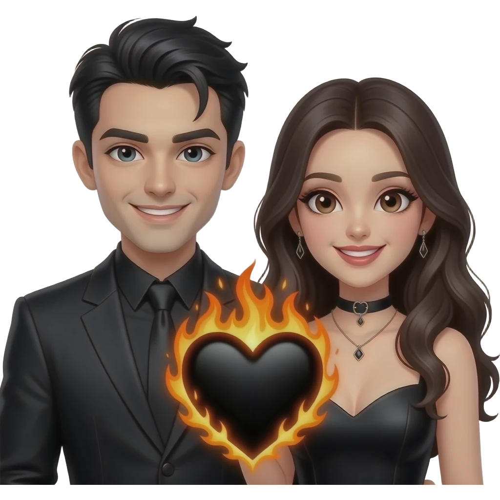 sexy dark gothic man and woman smiling with fiery black heart in the middle of them  Fantasy realistic emoji