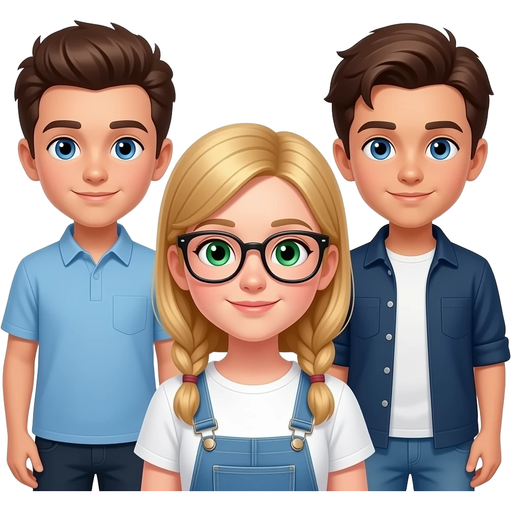 Copy this but make the boys have blue eyes, the girl have green, and only the blond boy with glasses emoji