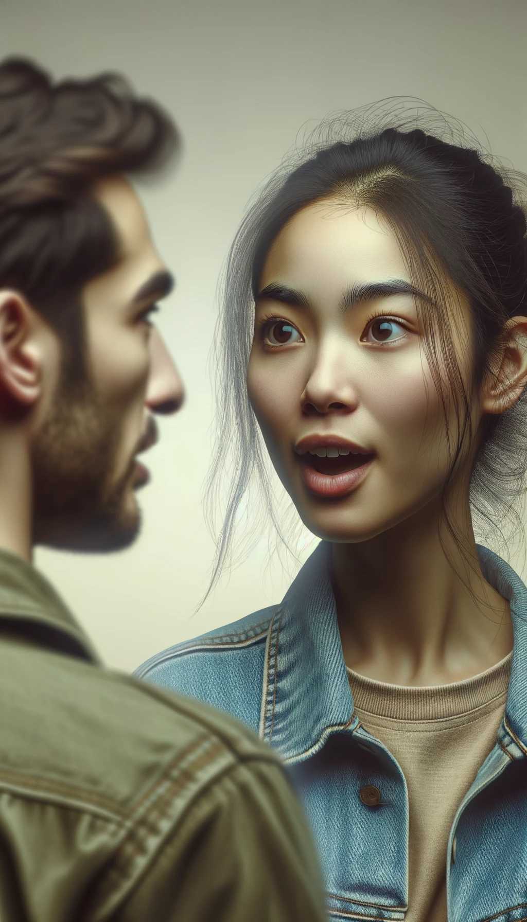a close-up scene where one person, facing the viewer, is talking with clear emotion, while another person is shown from the back, their head slightly turned as they listen. The background is a clean, light color, enhancing the clarity and realism of the scene. Fine details in facial features, hair texture, and clothing are visible. emoji
