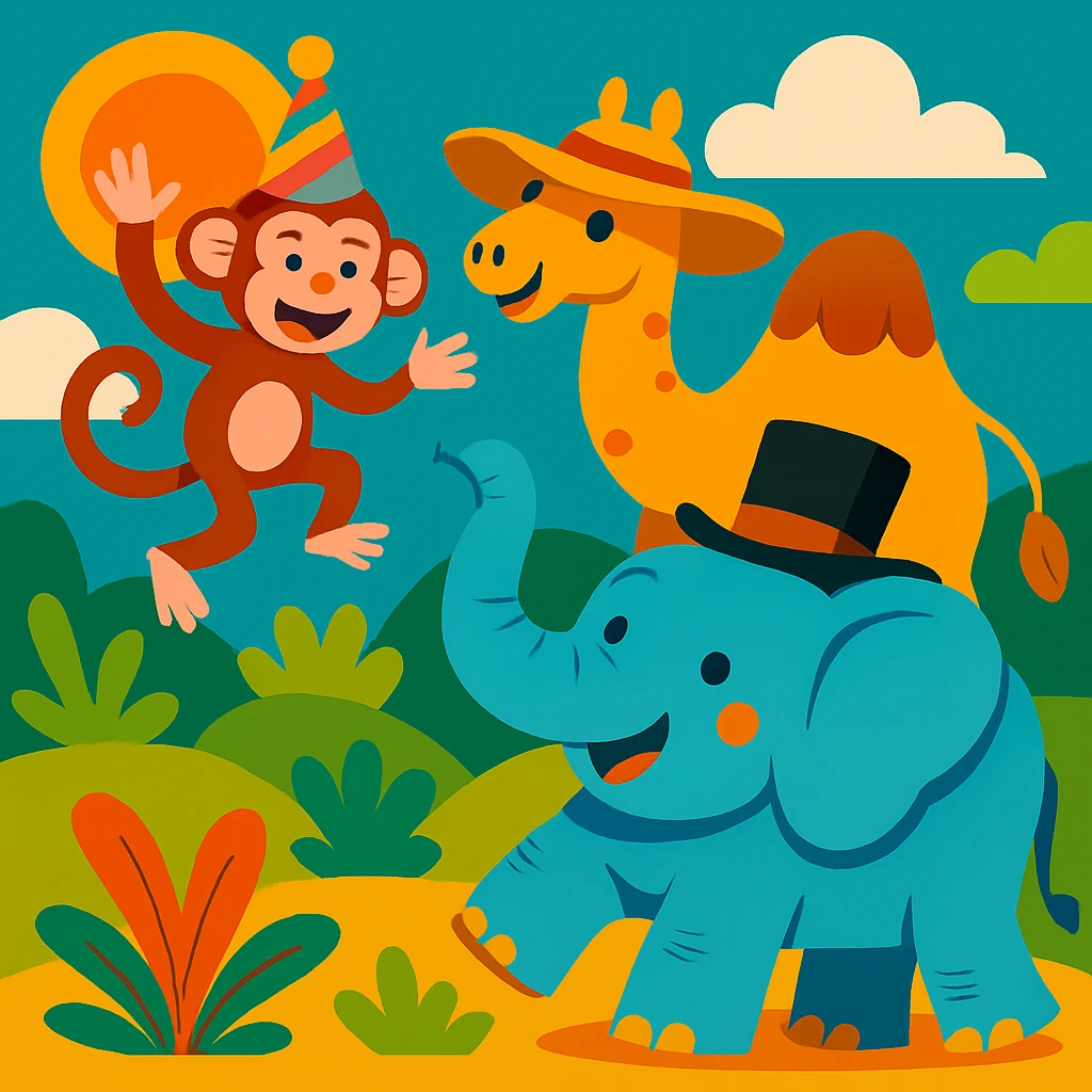 Make the monkey, camel, and elephant each wear a different fun hat in the group scene, keeping the vibrant cartoon style. emoji