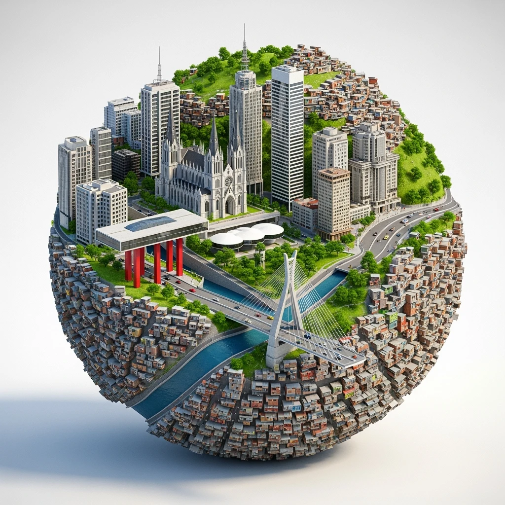 Isometric сircle miniature of São Paulo Catedral da Sé, MASP on red pillars, Octávio Frias Bridge, and Altino Arantes building, favelas on hillsides, dense chaotic urban blocks, and green parks 3D miniature effect and Tilt Shift effect, no cartoonish look, transparent background. emoji