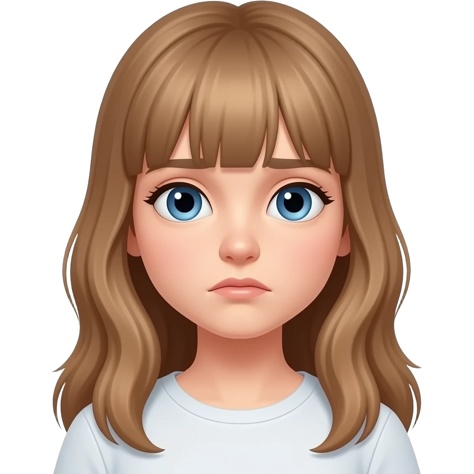 a young woman with long light brown hair and fringe and blue eyes  is bored emoji