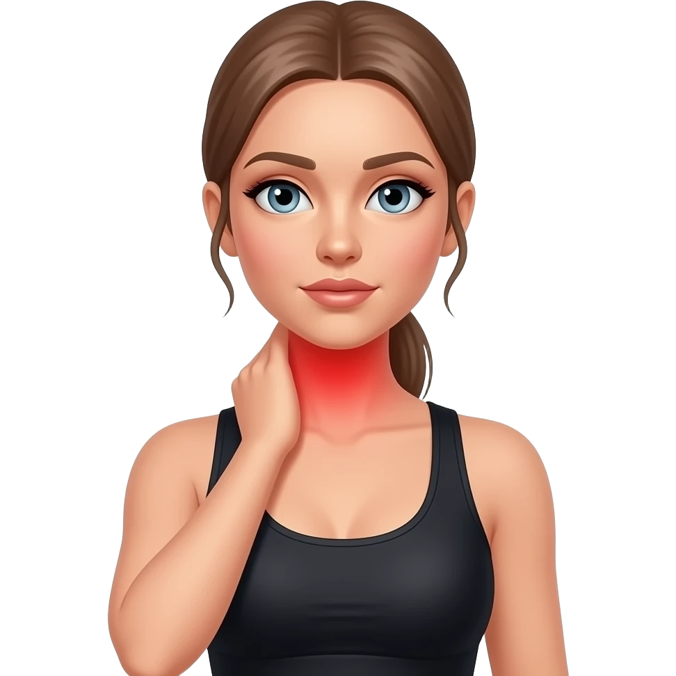 neck pain, full red glow covering the entire neck area, woman touching her neck, fair-skinned woman, gray-blue eyes, ash brown brows, ash light brown hair tied back, slim athletic body, black workout set emoji