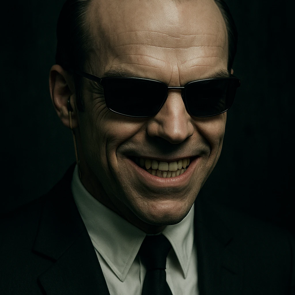 Agent Smith from The Matrix, close-up face with sunglasses and earpiece, menacing smile emoji