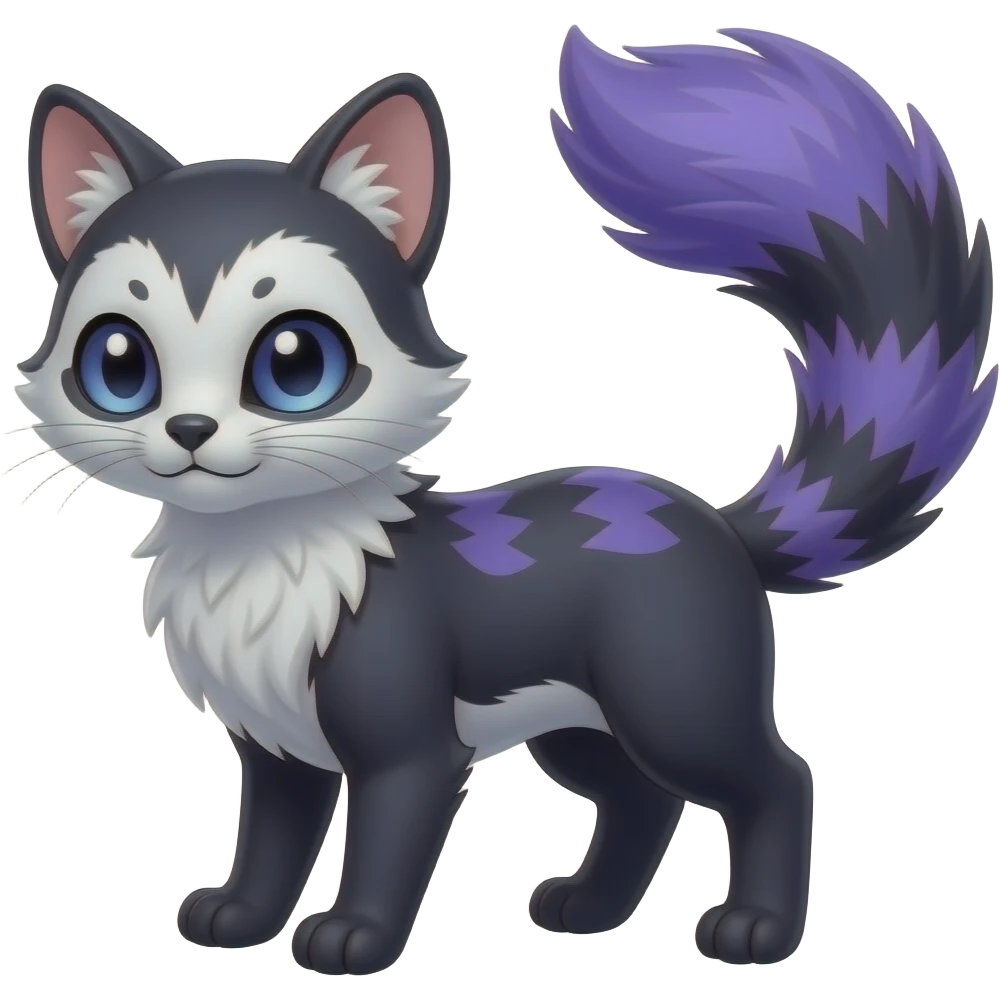 randomly marked smooth silky furry beautiful realistic indigo and violet-purple and black and white Civet-Mankeulv-Genet-Vernid-Fakémon-hybrid emoji