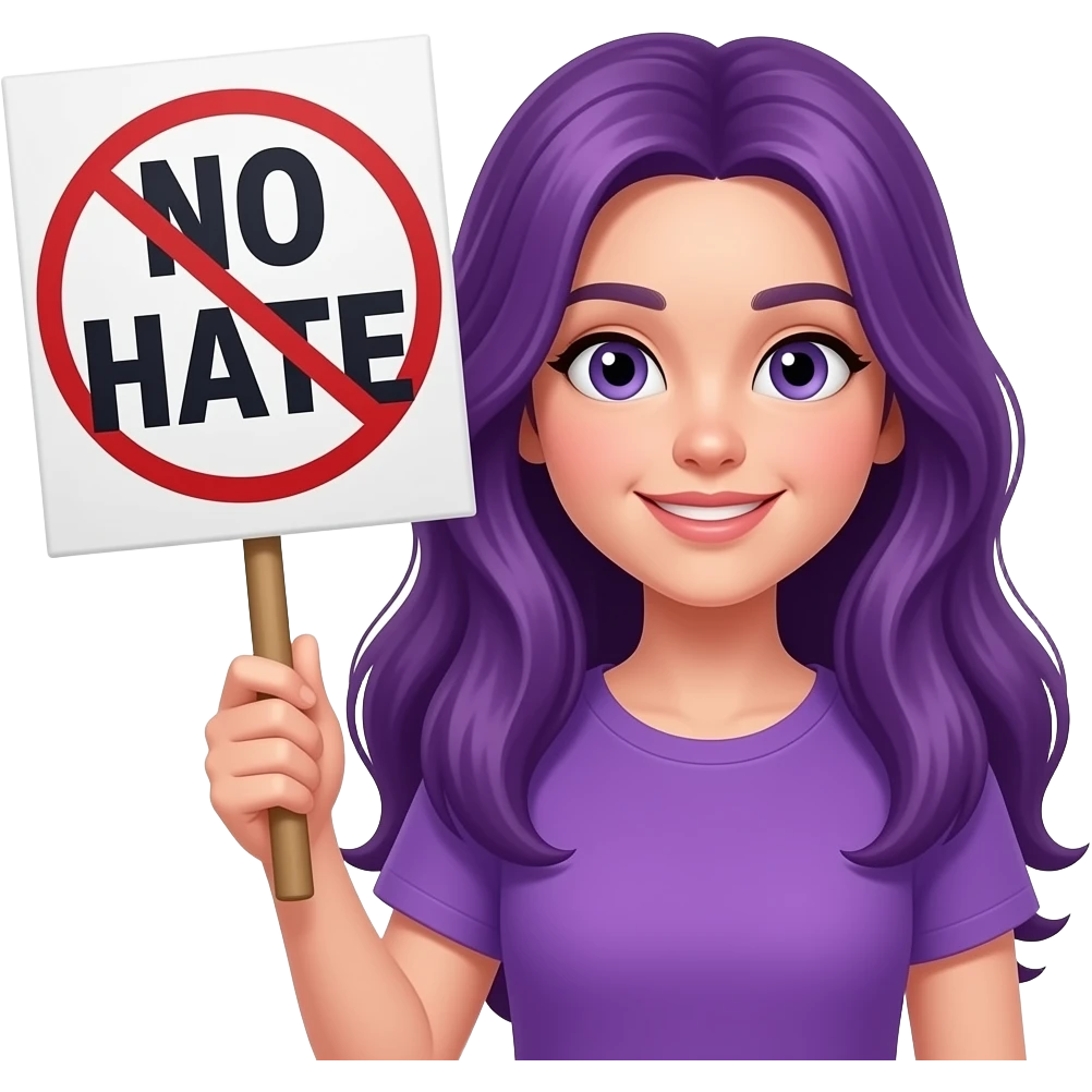 girl with long purple hair with a NO HATE sign emoji