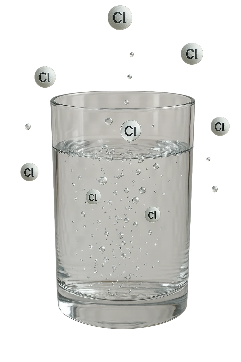 un bicchiere di acqua fluttua in aria realistico e dettagliato, dentro l'acqua del bicchiere ci sono particelle di cloro ben visibili con la scritta "Cl" sopra, ci sono particelle anche che escono dal bicchiere e fluttuano in aria verticalmente, mentre alcune sono all'interno dell'acqua nel bicchiere, iperrealistico 4k emoji