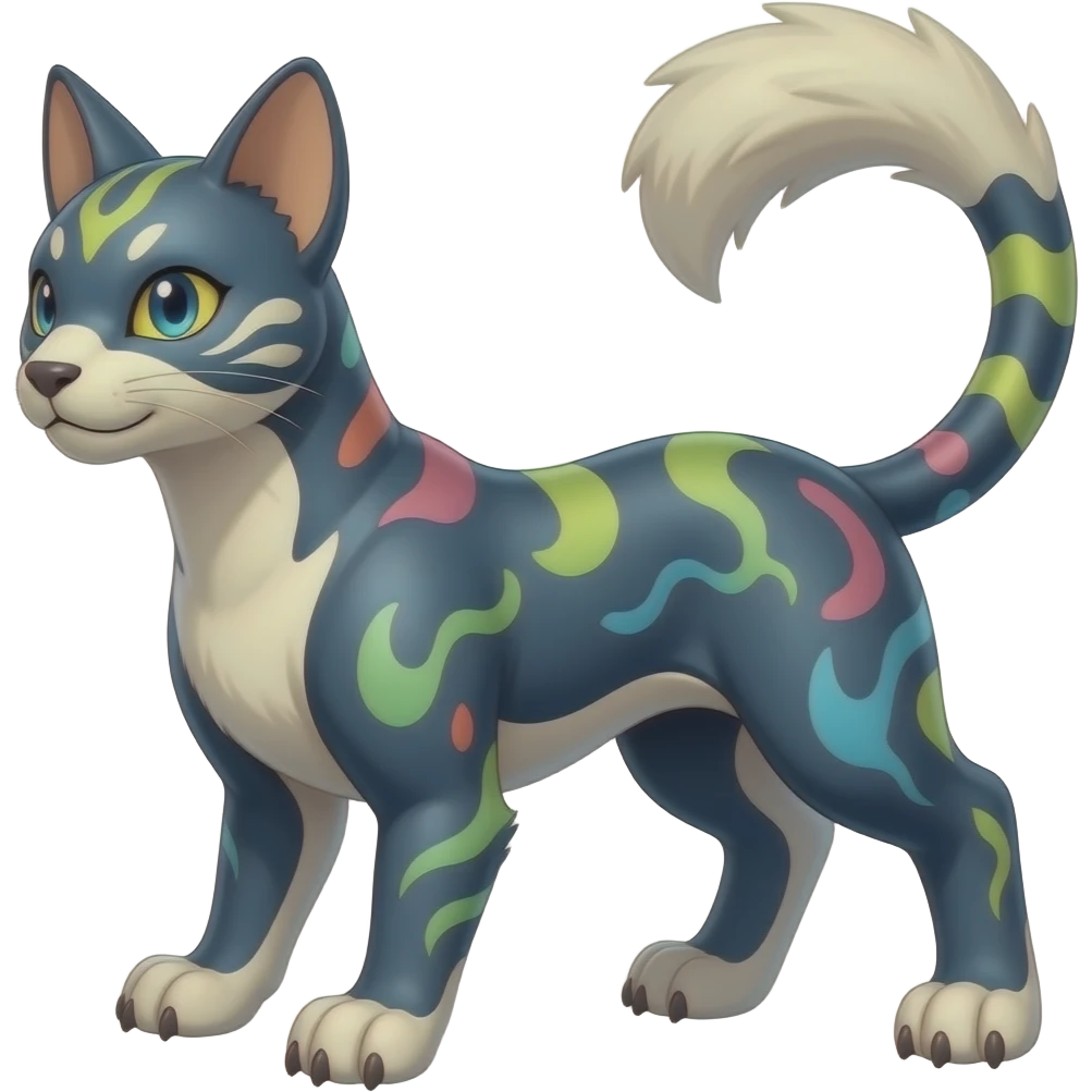 Digitigrade elemental realistic pretty elegant sleek shiny patterned quadrupedal Randomly marked randomly colored Absol-Purrloin-Shinx-Liepard-Electrike-Sprigatito-Litten-Fakémon-Digimon-animal-hybrid, full body, nub-tail emoji