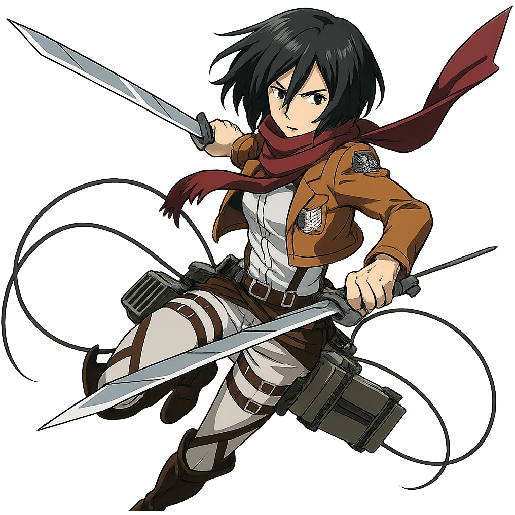 Mikasa Ackerman in action pose, scarf flowing, dual blades, dynamic anime style emoji