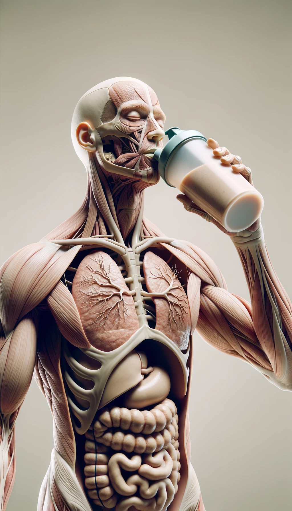 CORPO UMANO ANATOMICO CON OCCHI CHIUSI MENTRE BEVE UNO SHAKER PROTEICO, ORGANI IN EVIDENZA, IPERREALISTICO SFONDO CHIARO NEUTRO emoji
