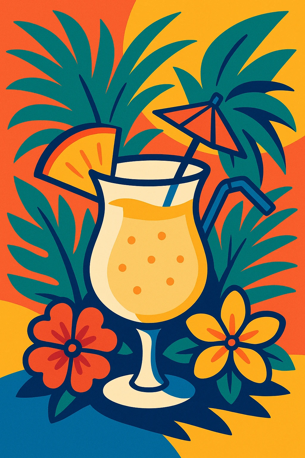 pina colada with palm leaves and tropical flowers, festive, colorful, party mood emoji