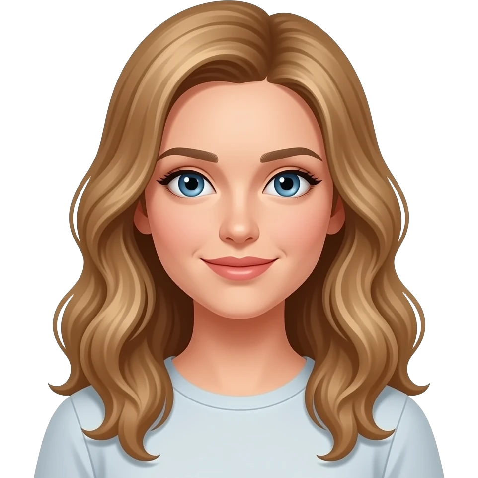 woman, blue eyes, late twenties, mousey blonde hair, long wavy hair, emoji