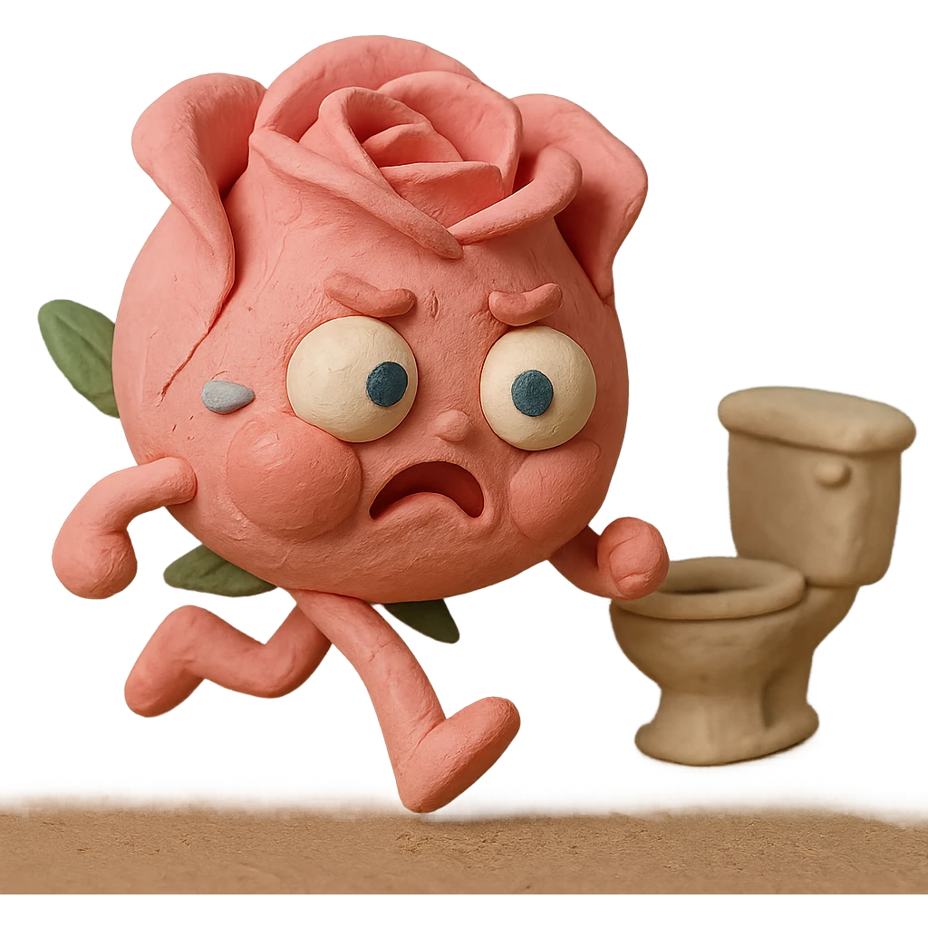 soft pink rose flower with puffed cheeks making a panicked toilet run, eyes bulging, legs dashing, pastel tones, chibi round shape emoji