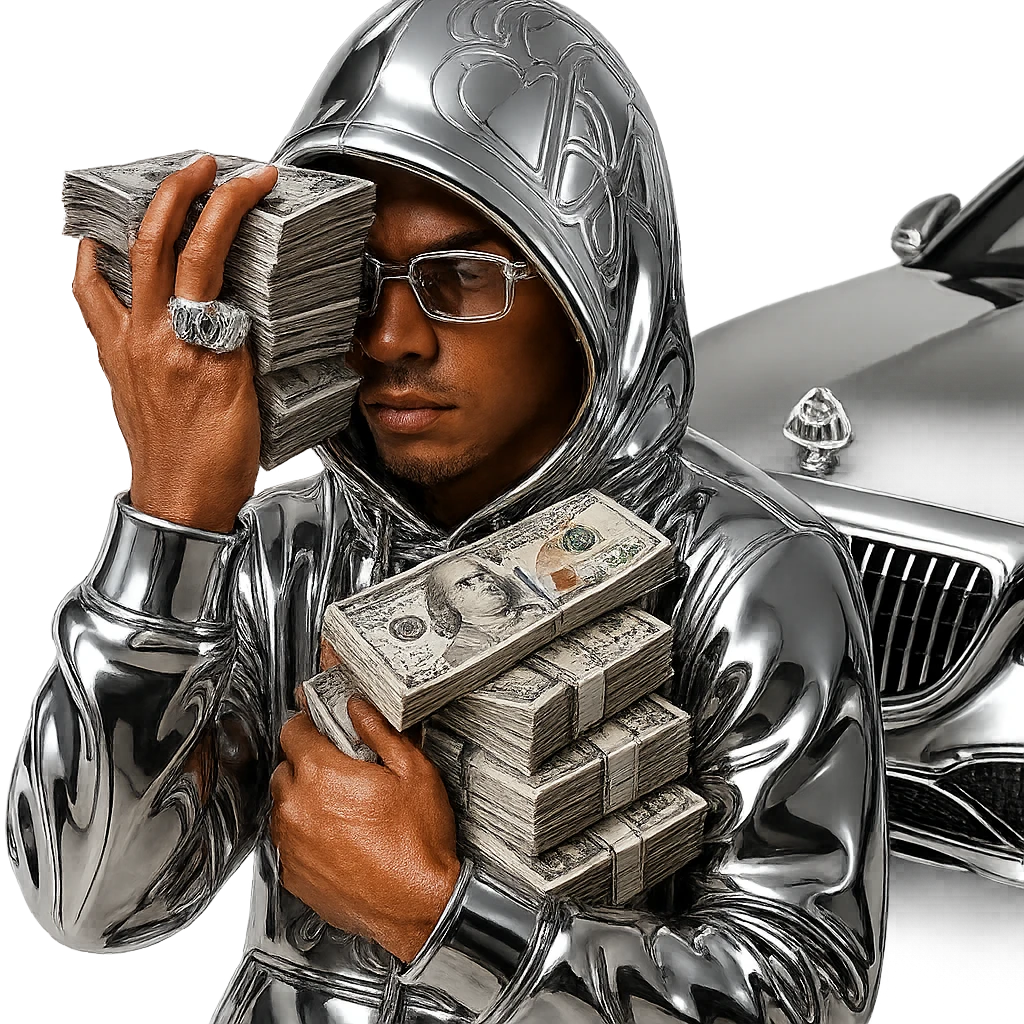 Create a chrome style icon version of the person in the reference image. Use a realistic light brown skin tone for the face and hands with natural facial features. The hoodie and clothing should be rendered in chrome style. Add Cartier glasses on the face. Replace the money with realistic, detailed US dollar bills. Place a Maybach car behind the person. The overall style should be bold and iconic, consistent with chrome style. emoji
