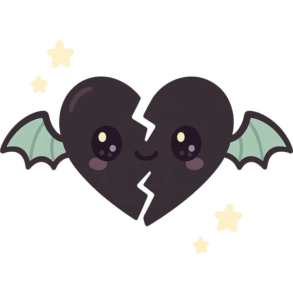 black gothic heart, shattered with very tiny gothic bat wings, ornate, dark, elegant, kawaii style emoji