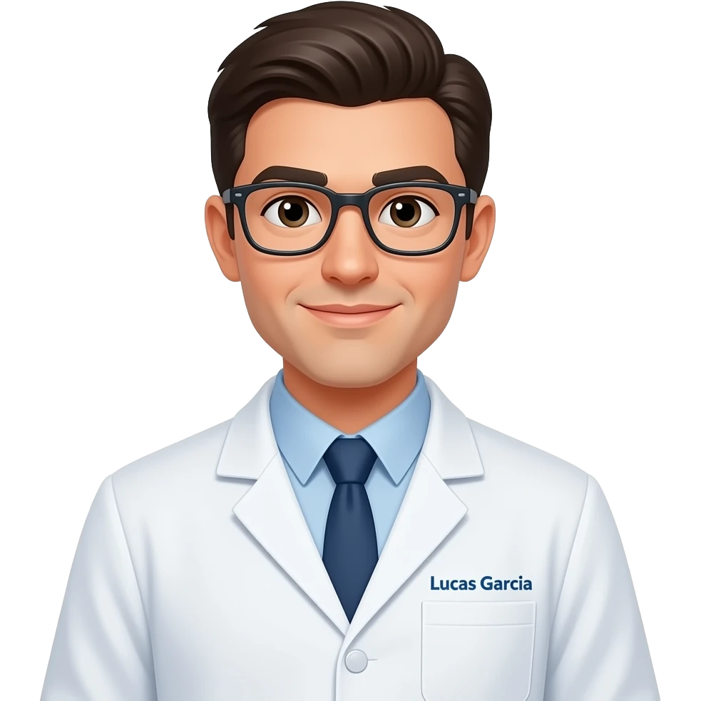Biomedico com óculos com jaleco branco escrito no bolso lucas garcia emoji