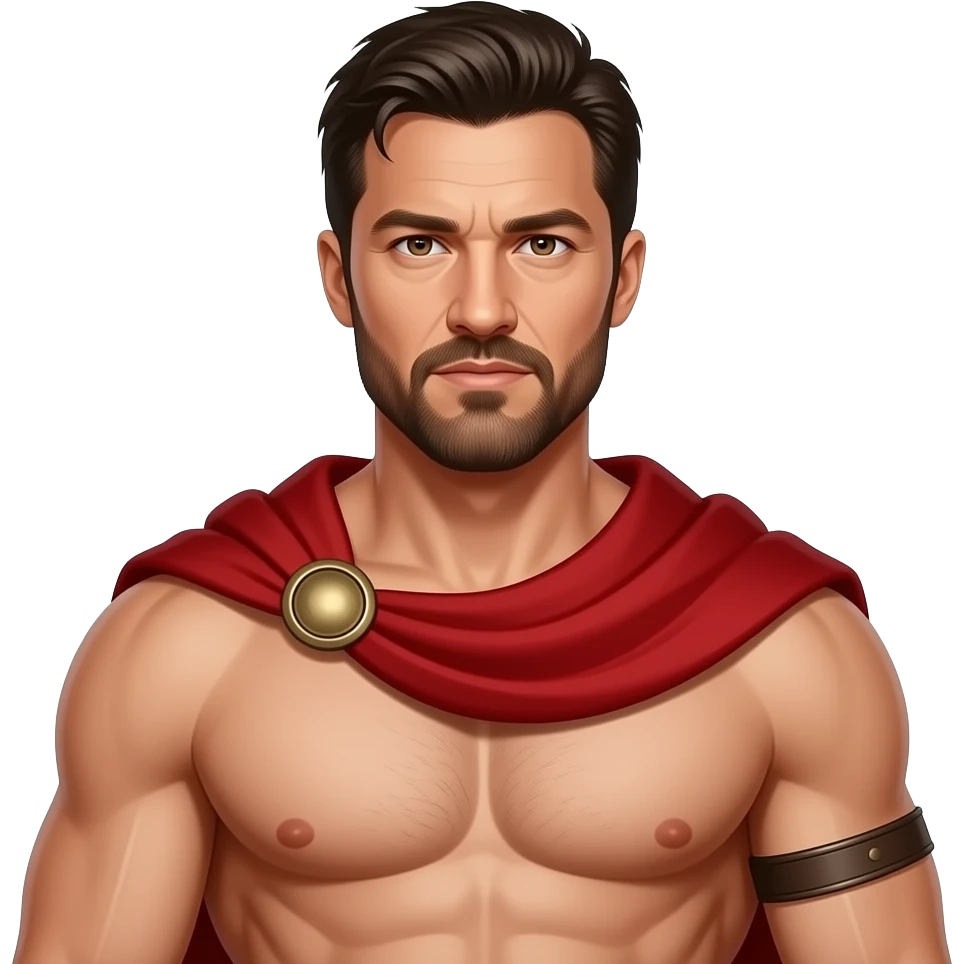 The Spartan Leonidas. Muscly physique. Wearing a red cape. Masculin. Black hair. Brown Eyes. Beard. Gerard Butler emoji