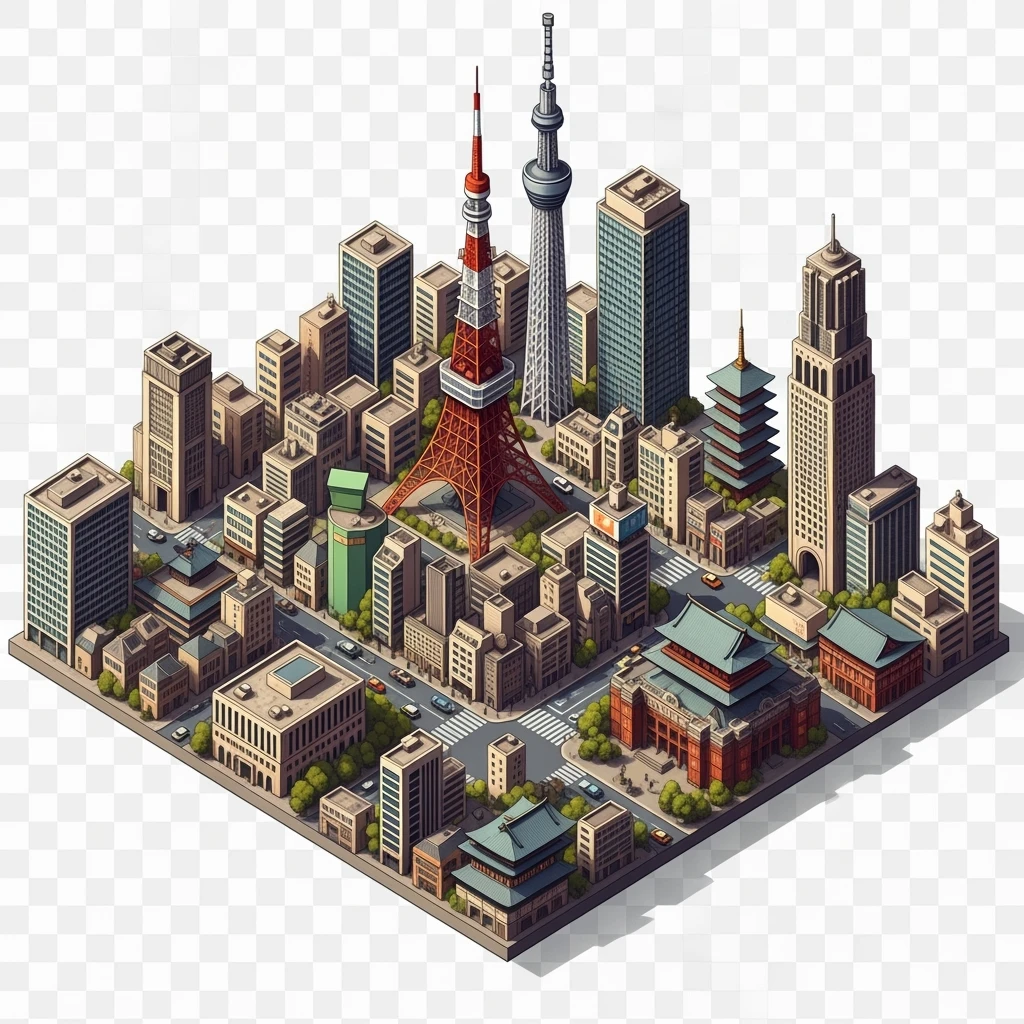 Isometric illustration of Tokyo,  detailed miniature cityscape with its most iconic landmarks and urban views, hand-drawn painterly style, slightly stylized but recognizable architecture, balanced colors, subtle 3D miniature effect, no cartoonish look, transparent background. emoji