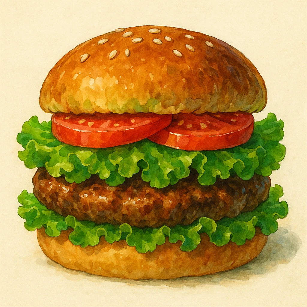 realistic hamburger with lettuce and tomato, vibrant colors, detailed textures, appetizing look, white background emoji