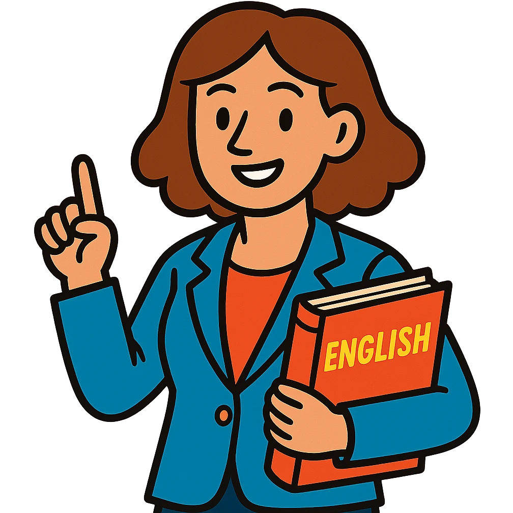 woman English teacher with brown hair, holding a book, vibrant toon style emoji