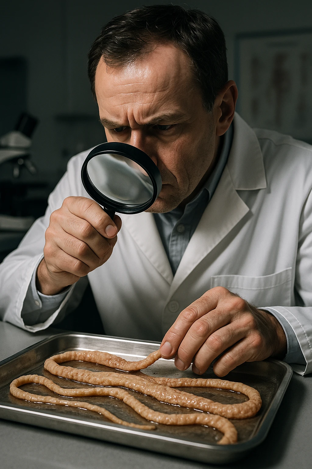 A middle-aged male kinesiologist wearing a pristine white lab coat, intensely analyzing long, beige tapeworms (like Taenia) under a magnifying glass. His expression is focused and slightly concerned, with dramatic studio lighting casting sharp shadows. The parasites are highly detailed, moist, and textured, stretched across a sterile metal tray. The background is blurred but suggests a clinical environment—hints of a microscope, medical charts, and clean lab equipment. The style is hyper-realistic, with a cinematic contrast between the bright white coat and the grotesque, organic forms of the parasites. No sci-fi elements, just raw medical realism with a disturbing edge emoji