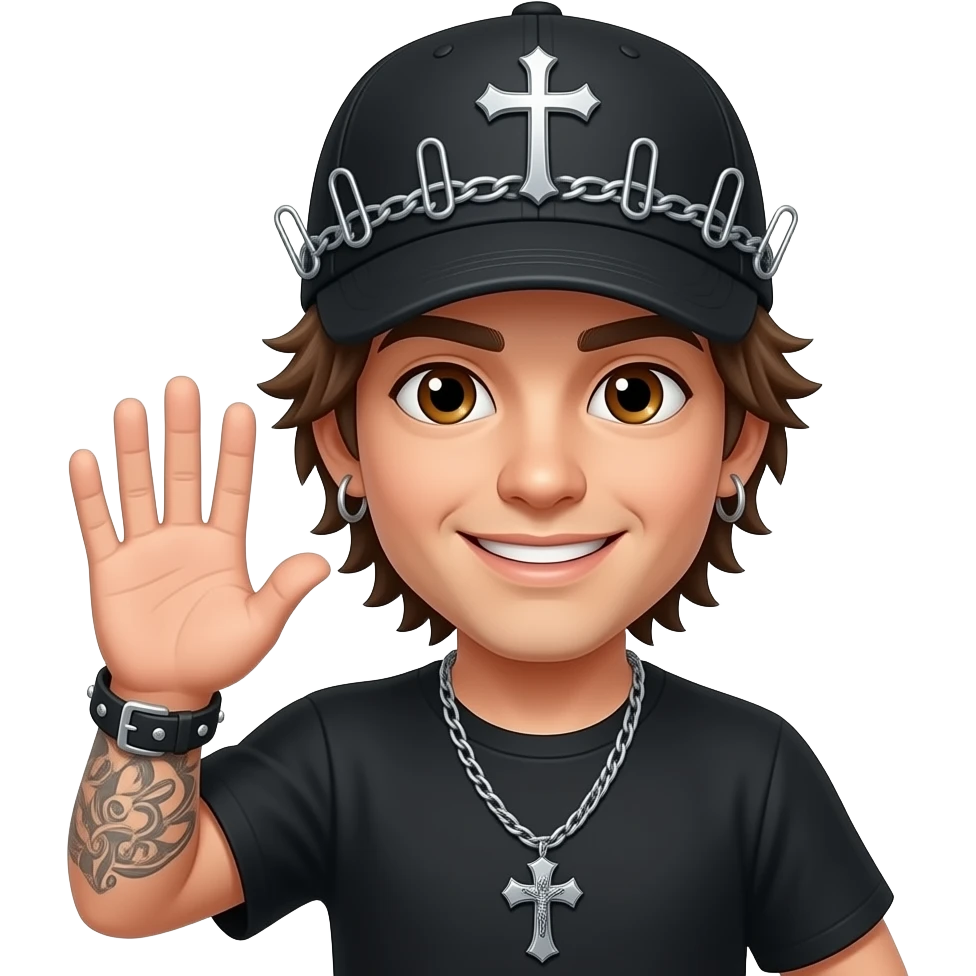 Brown eyes, rock cap metal clips on the cap, rock cross on the cap , black teeshirt, saying hi emoji