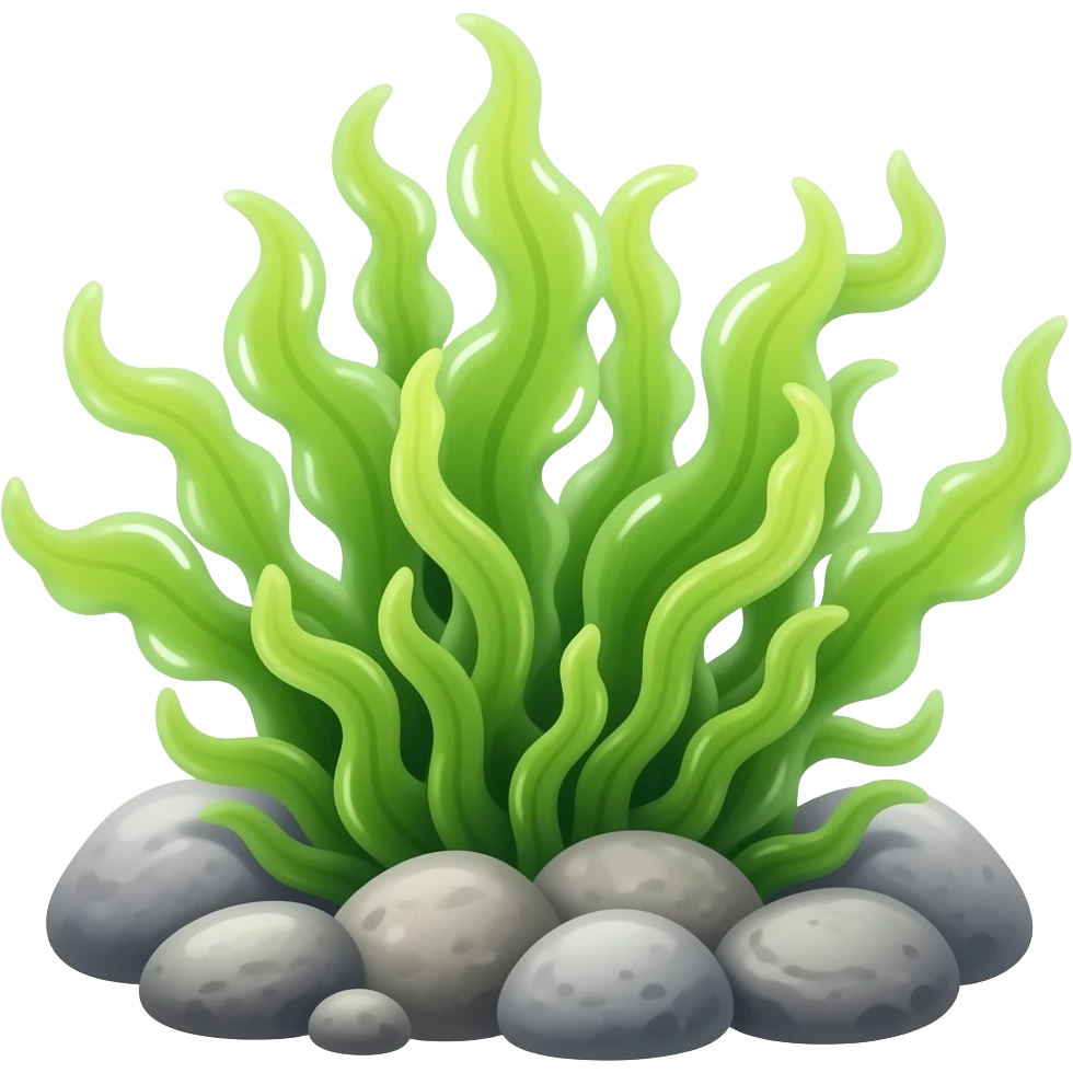 It typically depicts green, wavy strands of aquatic plants growing from a few small grey rocks at the base. It is commonly used to represent: emoji