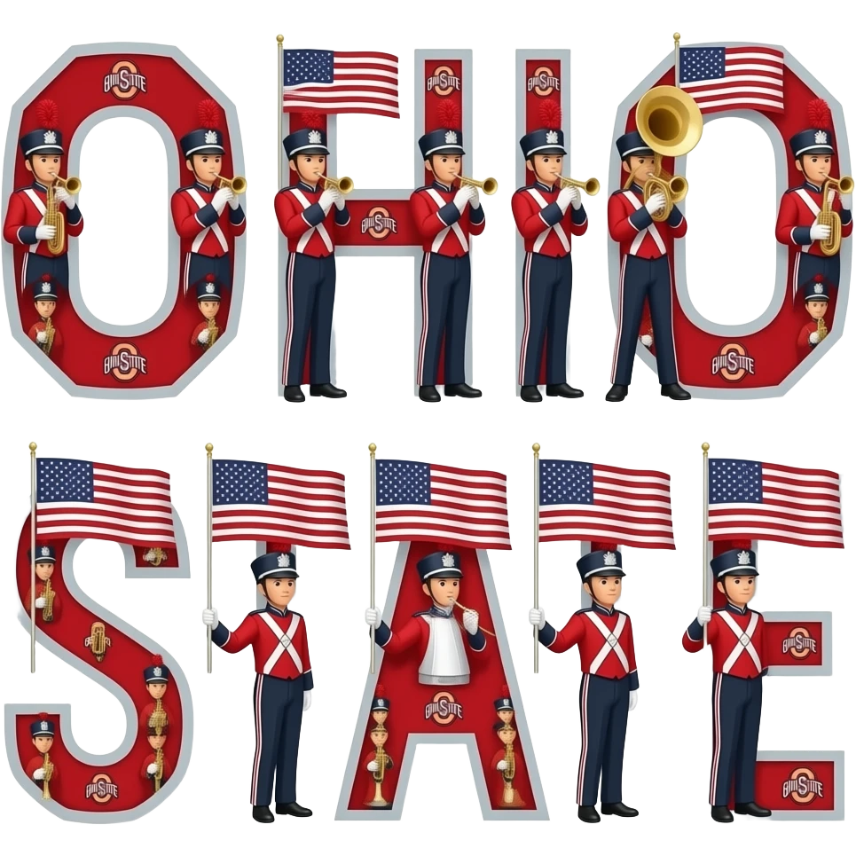 Can you create the script Ohio like Ohio State University does but I want this to be moving like the team is marching out and spelling the script so the emoji will be a a moving visual emoji