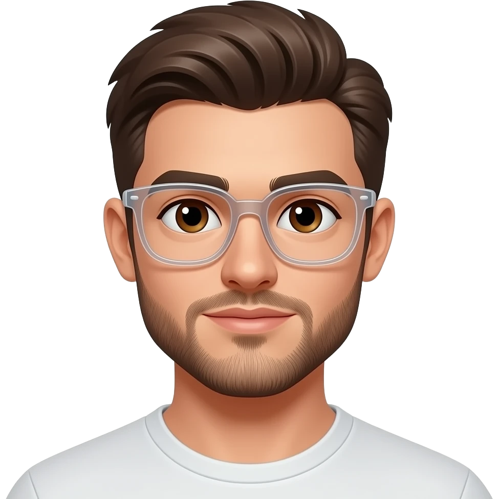 handsome tall guy with transparent specs, eyes brown, and little beard and good thick styled hair emoji