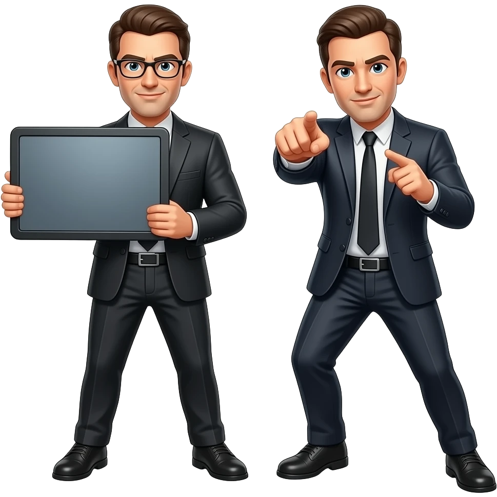 Two men dressed as agents: one is holding a screen, and the other points at the camera in an action pose—full body. emoji