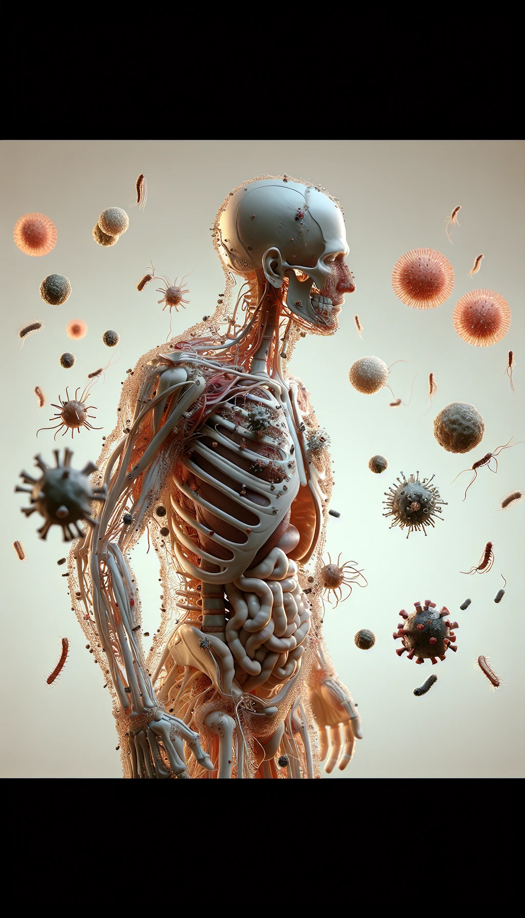corpo umano anatomico di profilo con virus e parassiti che cercano di attaccarlo , sfondo neutro chiaro, iperrealistico 4k emoji