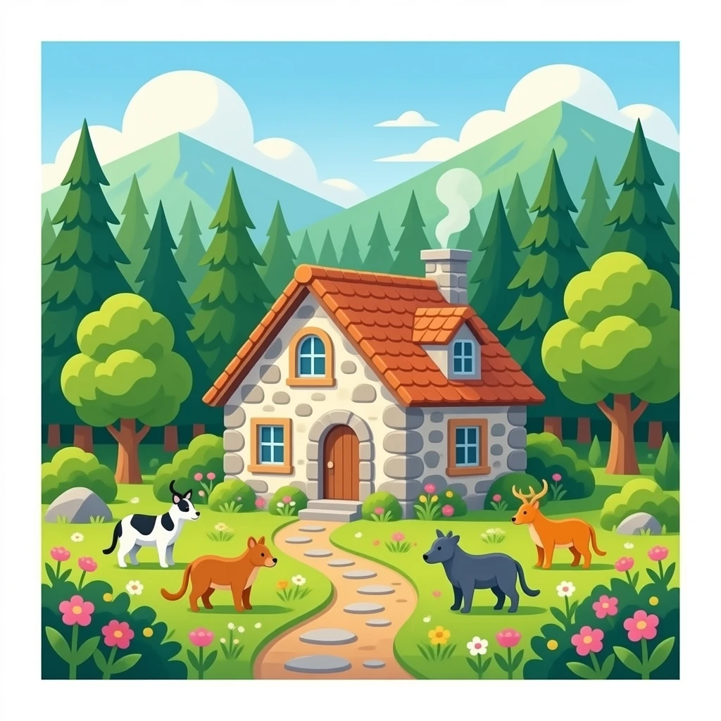 Una casa en medio del bosque, que sea acojedora y que el bosque este lleno de animales bonitos. Haze sol. Tiene que parecer real emoji