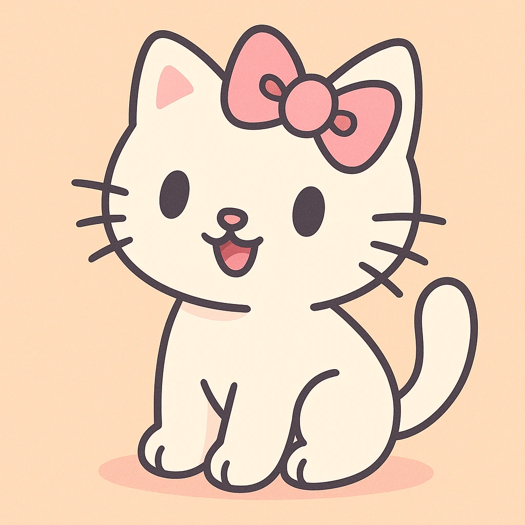 Hello Kitty, pastel cartoon style, soft colors, white cat with a pink bow emoji