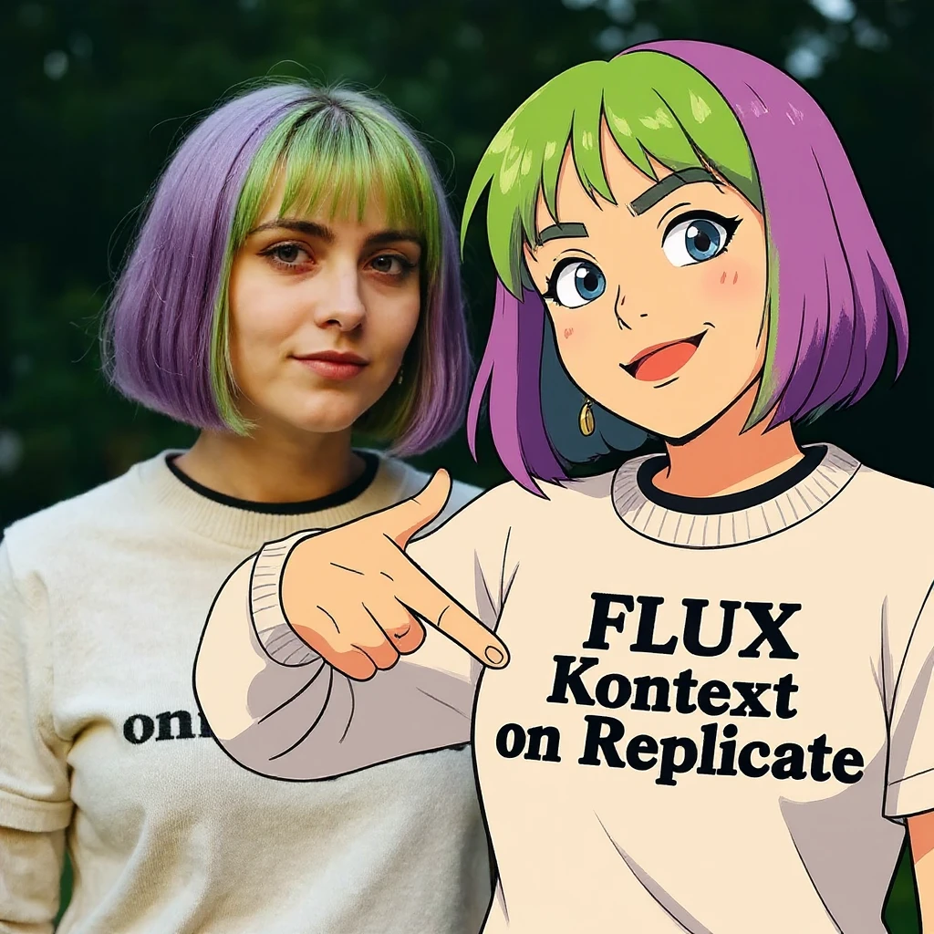 make a image of a girl with a anime version of that girl beside her wearing tshirt with text of "FLUX Kontext", avoid replicate emoji
