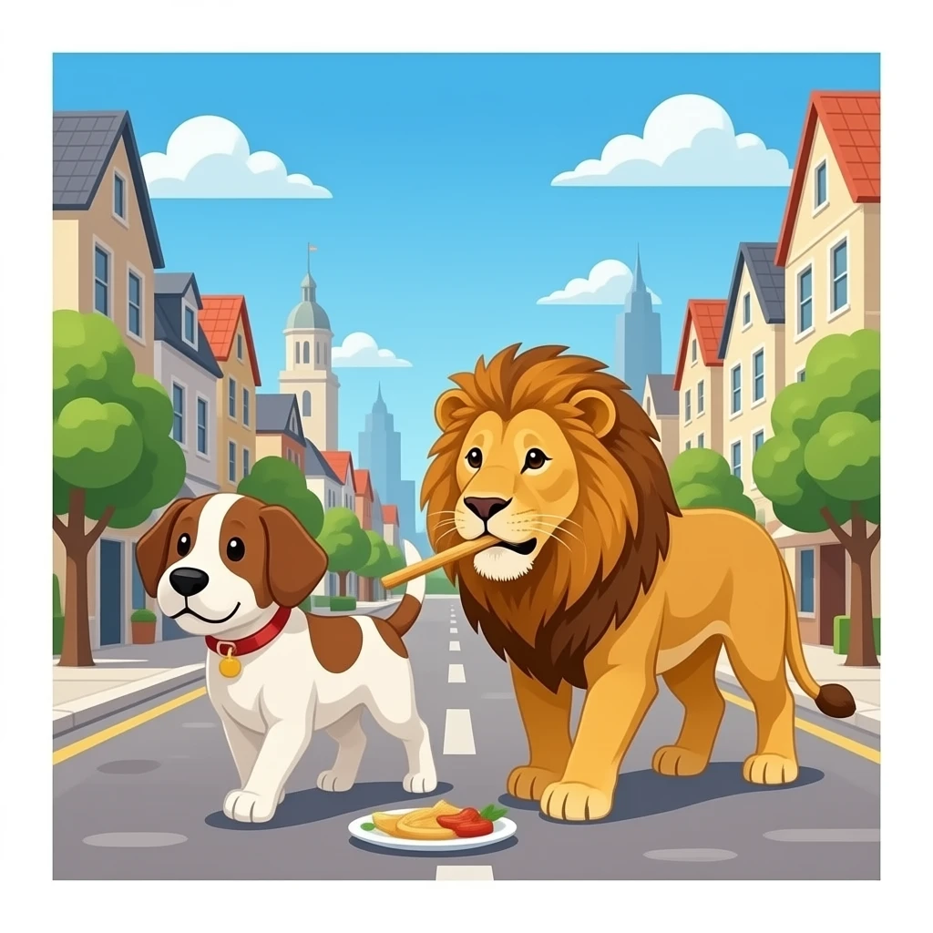 hazme un perro y un leon caminando por un puebloque estan comiendo emoji