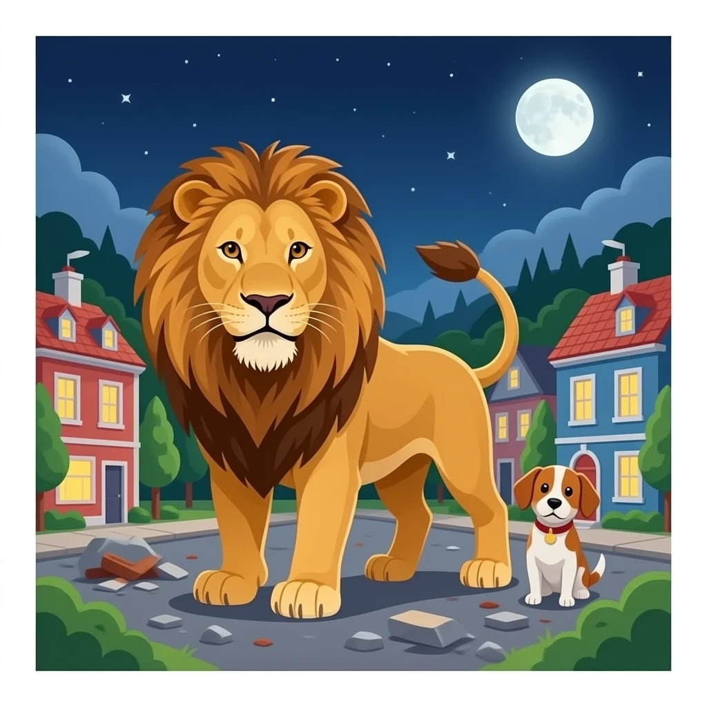quiero que en un pueblo un leon y un perro esten destrozando el pueblo  pero que no esten las personas pero que esten destrozandolo entero mas realista y mas brusco e ujn pequeño pueblo que sea de noche pero sin tormentas emoji