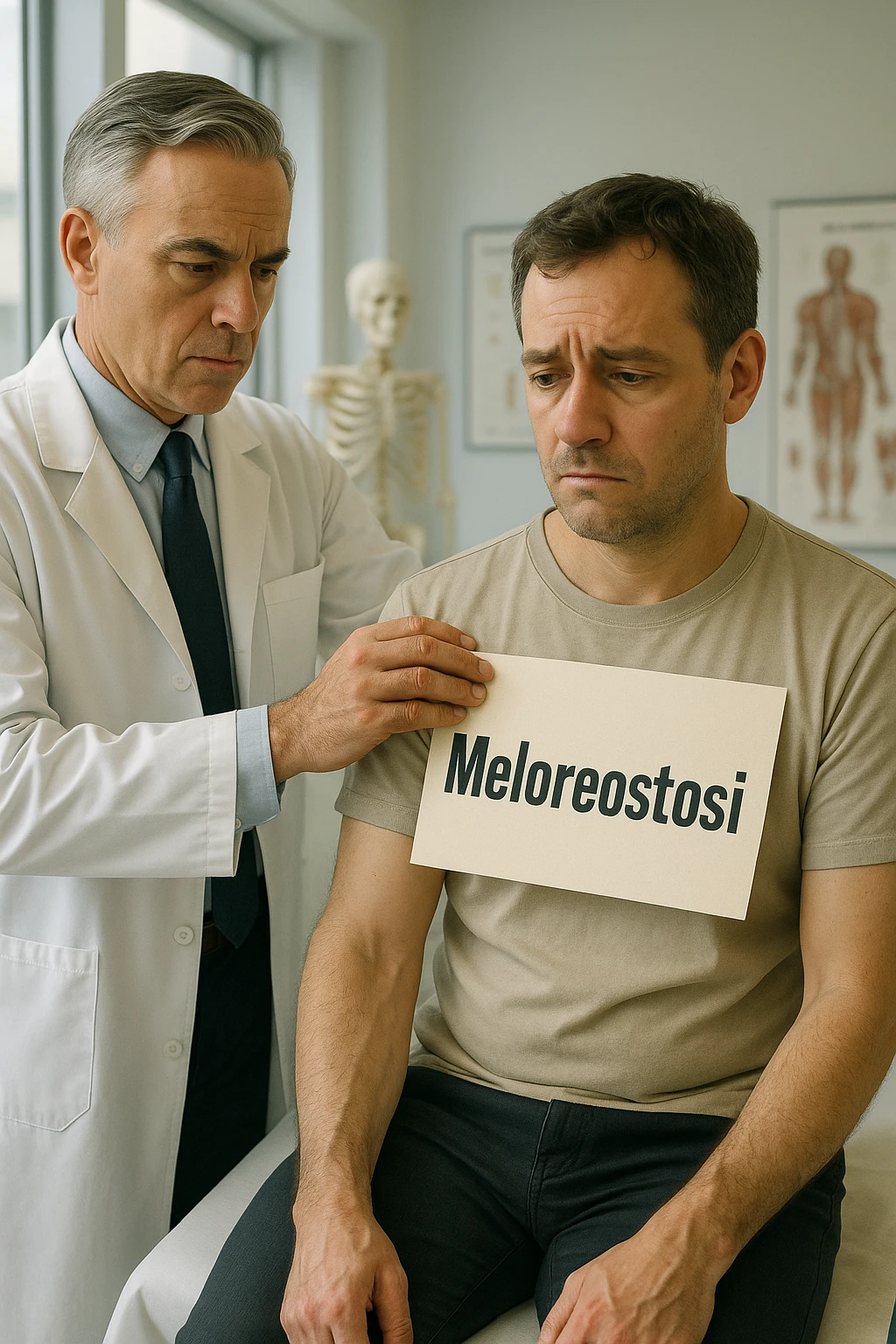 A realistic, cinematic illustration set in a bright, modern medical office. A middle-aged doctor in a white lab coat with a serious expression is shown gently placing a large paper label on the shoulder of a male patient sitting on the examination table. The label has the word 'Meloreostosi' written on it, symbolizing the act of labeling the patient with his rare bone condition. The patient looks confused and slightly disheartened, wearing a simple t-shirt with part of his arm exposed, showing subtle signs of bone thickening or deformation associated with melorheostosis. The background includes medical charts and a softly blurred skeleton model, emphasizing the medical setting. The lighting is bright but neutral, conveying a sterile, clinical atmosphere while focusing on the symbolic moment of receiving a diagnosis label. The mood is introspective and slightly heavy, illustrating the emotional weight of being defined by a rare chronic condition in italiano emoji