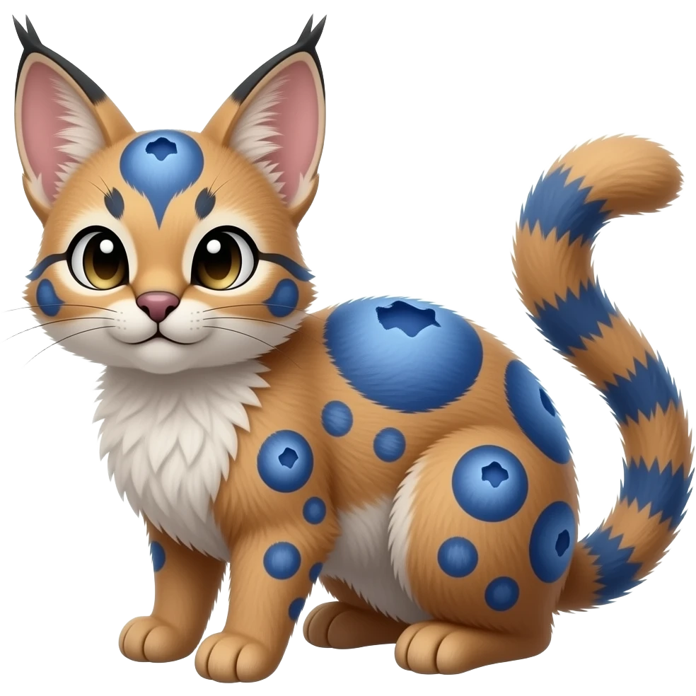 Blueberry-pattern-themed puffy fluffy thick bushy brownish soft realistic romantic vintage antique divine beautiful elegant pretty precious cute young youthful Fakémon-Pokémon-feline-Zeraora-Jolteon-serval-caracal-chinchilla-Minccino-Cinccino-Meowstic-rodent-hybrid-creature (full body) emoji
