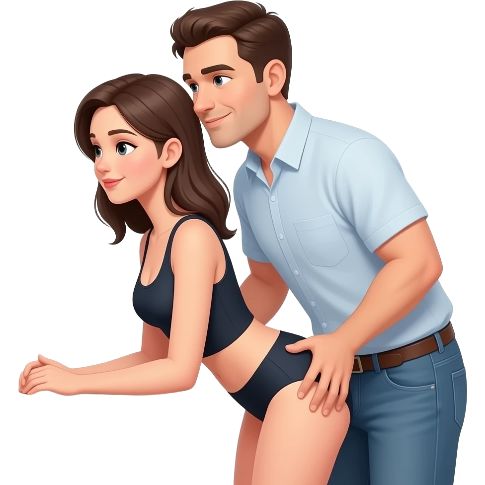 een zij aanzicht van vrouw staat met handen op tafel, man staat achter haar met zijn heupen tegen haar billen emoji