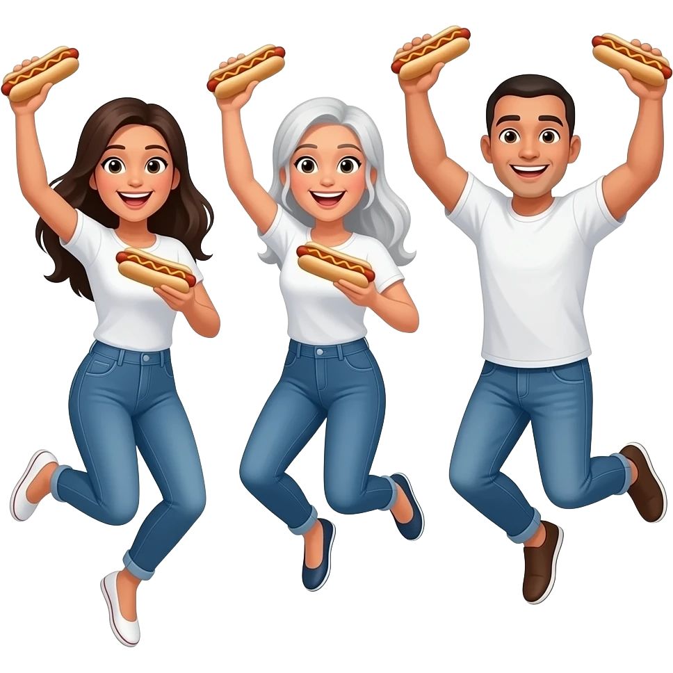 Mexican woman with dark hair and a white woman with white gray hair and white man with shaved head all of which are wearing jeans and t shirts jumping for joy with hot dogs emoji