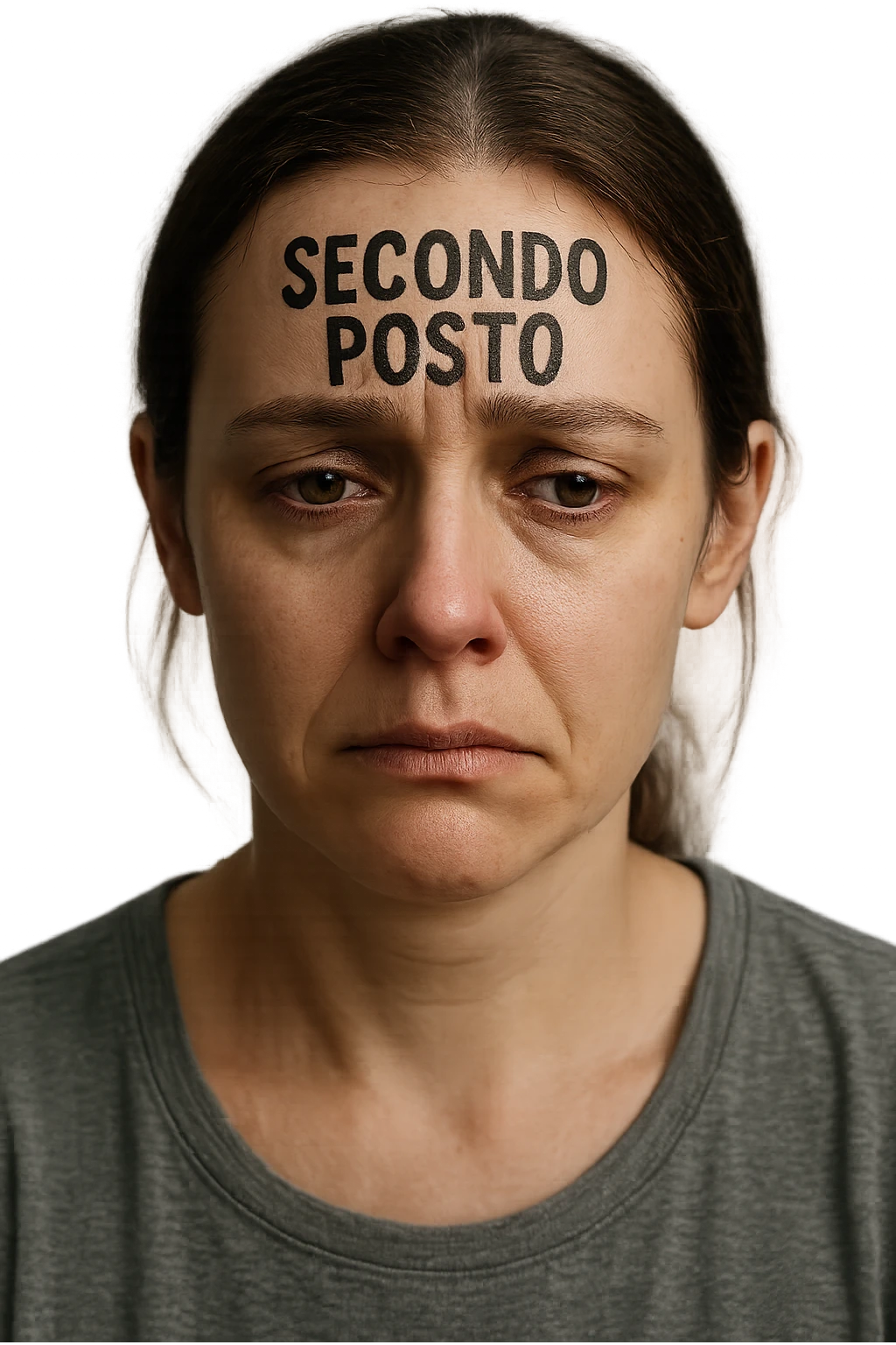 DONNA CON LA SCRITTA "SECONDO POSTO" SULLA TESTA, LEI HA L'ESPRESSIONE TRISTE, COME SE FOSSE SEMPRE SECONDA NELLA VITA, iperrealistico 4k emoji