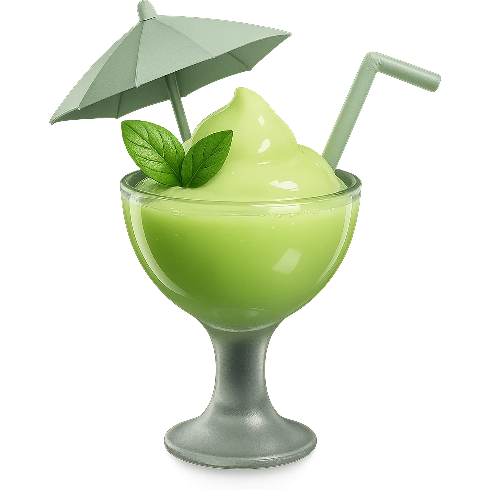 Make the mint green milkshake glossy and 3D with shiny highlights and reflections. Keep the glass with umbrella, tropical vibe, and mint leaf on top. Remove the background. emoji