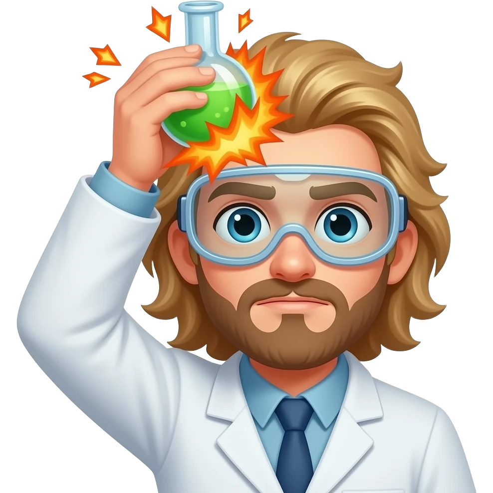 bare faced male scientist with long blond hair wearing googles experiencing a flask explosion by his head emoji