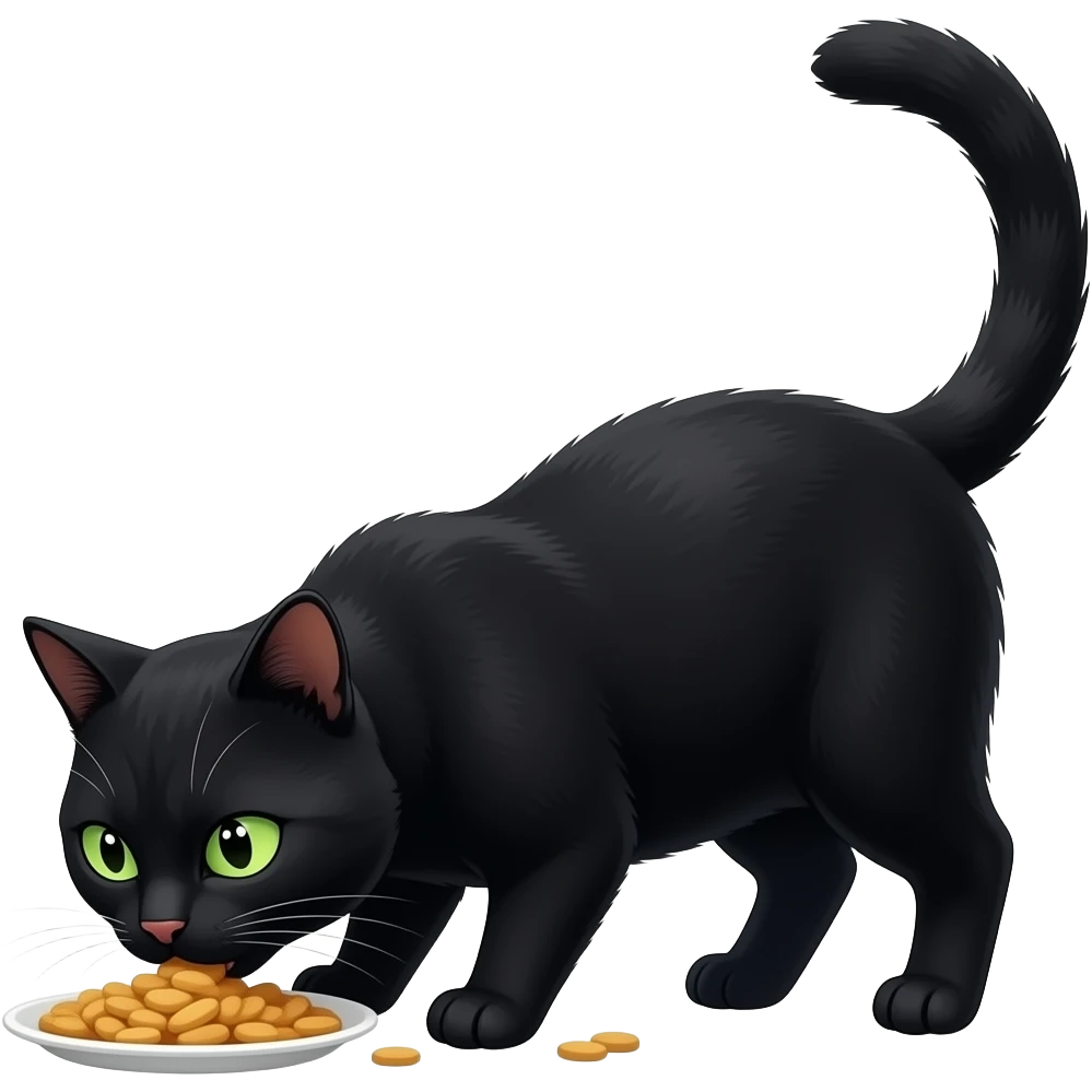 Un gros chat noir aux yeux verts qui mange emoji