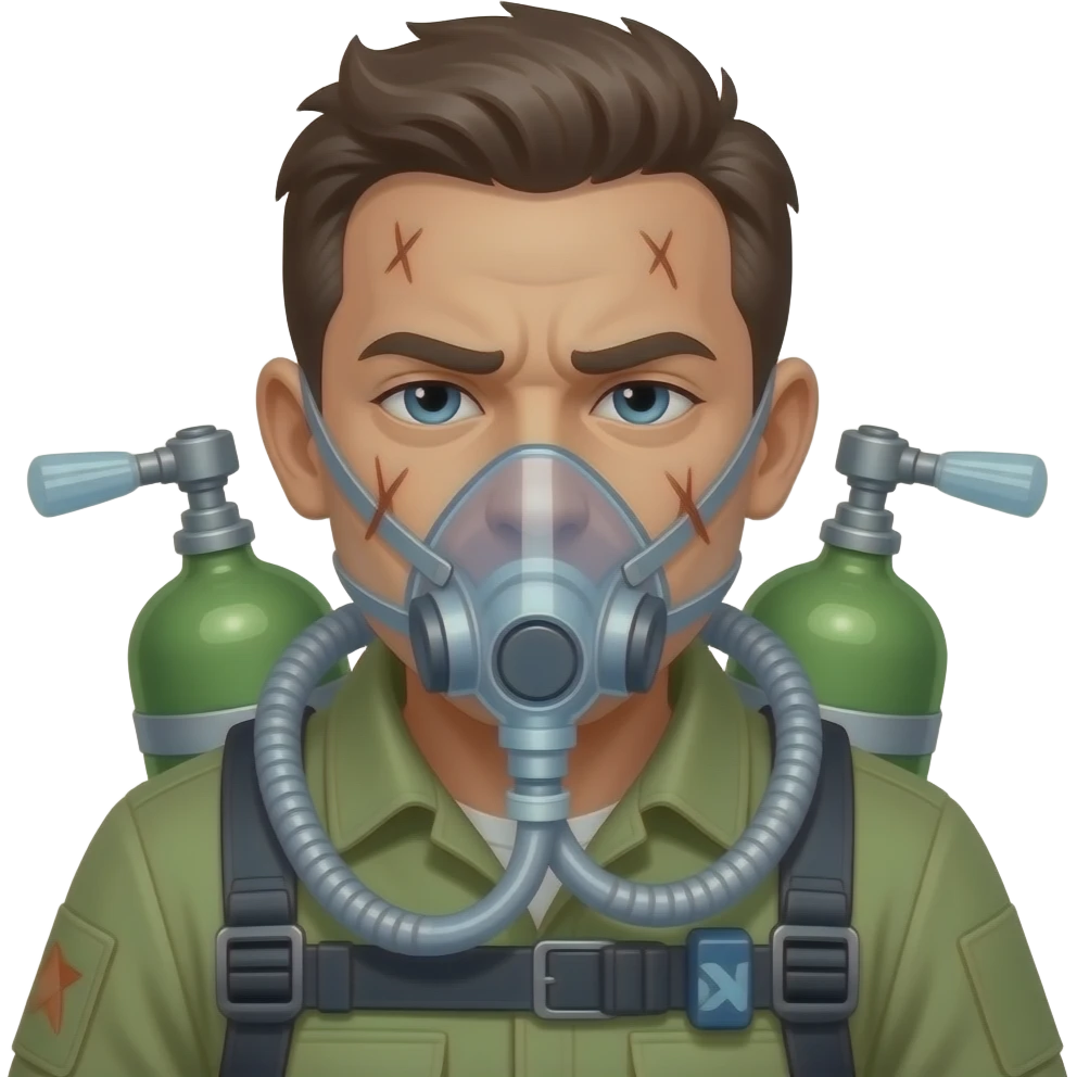 uomo affannato vistosamente che respira con delle bombole d'ossigeno emoji