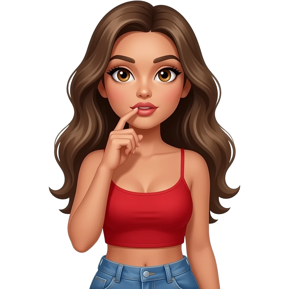 Fingers on lips and thinking looking up woman with tan glowy skin, hazel eyes almond with long lashes,, full lips, dark blonde flowing hair, delicate feminine sexy features, wearing a red crop top and blue low waist jeans, confident and femenine and glam makeup. Intense seductive look. REALISTIC emoji
