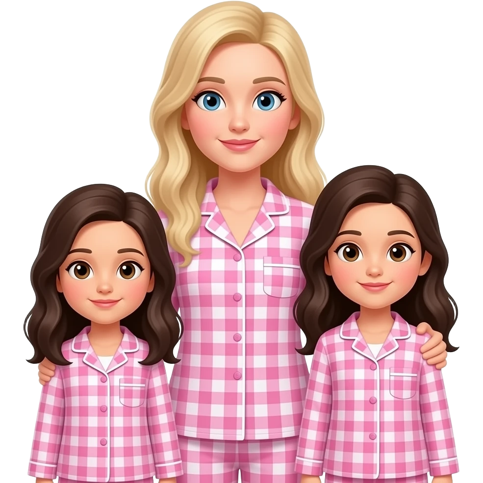 Woman with long blond hair blue eyes with 2 dark haired daughters with brown eyes all wearing pink gingham pjs emoji